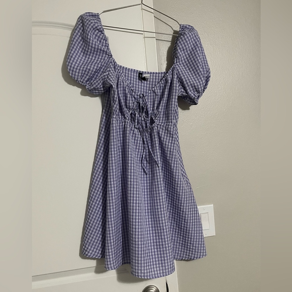 Cottagecore cutout purple gingham dress with ruffled sleeves